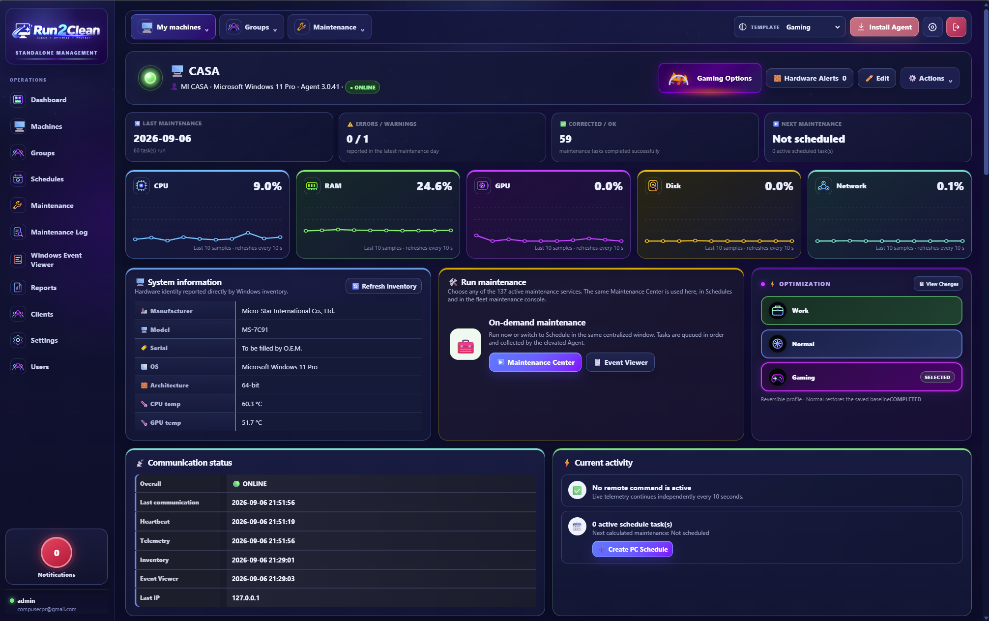 Run 2 Clean detailed machine information
